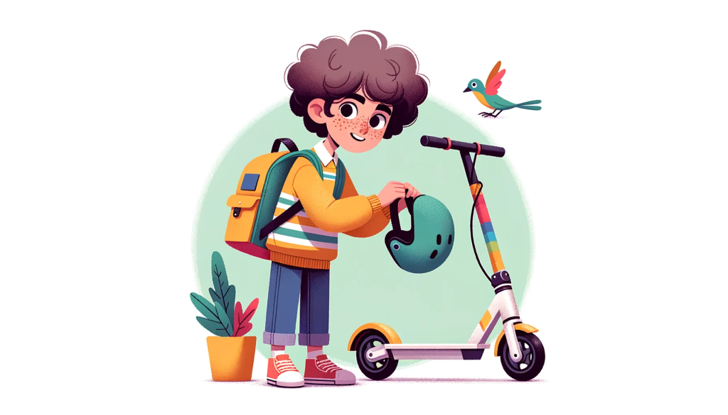 DALL·E 2023 10 20 20.49.38 Illustration of a teenage boy with curly hair and freckles wearing a backpack getting ready to put on a helmet as he stands beside a colorful electr
